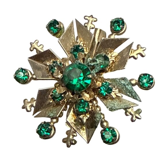 Vintage Gold-Tone Starburst Brooch Green Rhinestones - Picture 1 of 4